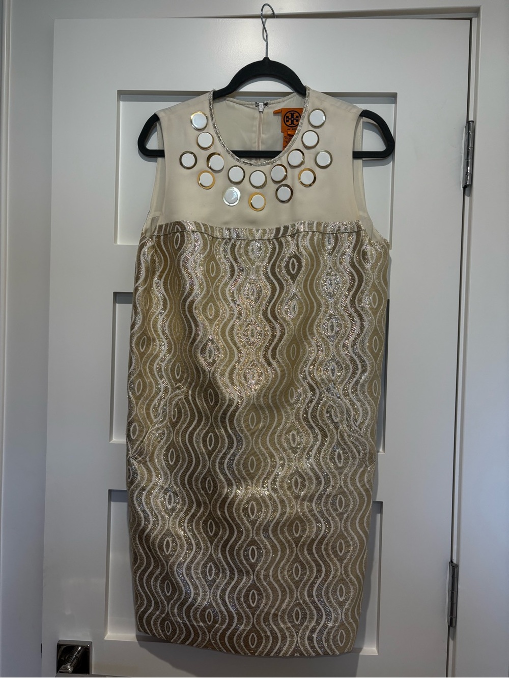 Tory Burch Cream and Gold Embellished Wave-Pattern Mini Dress